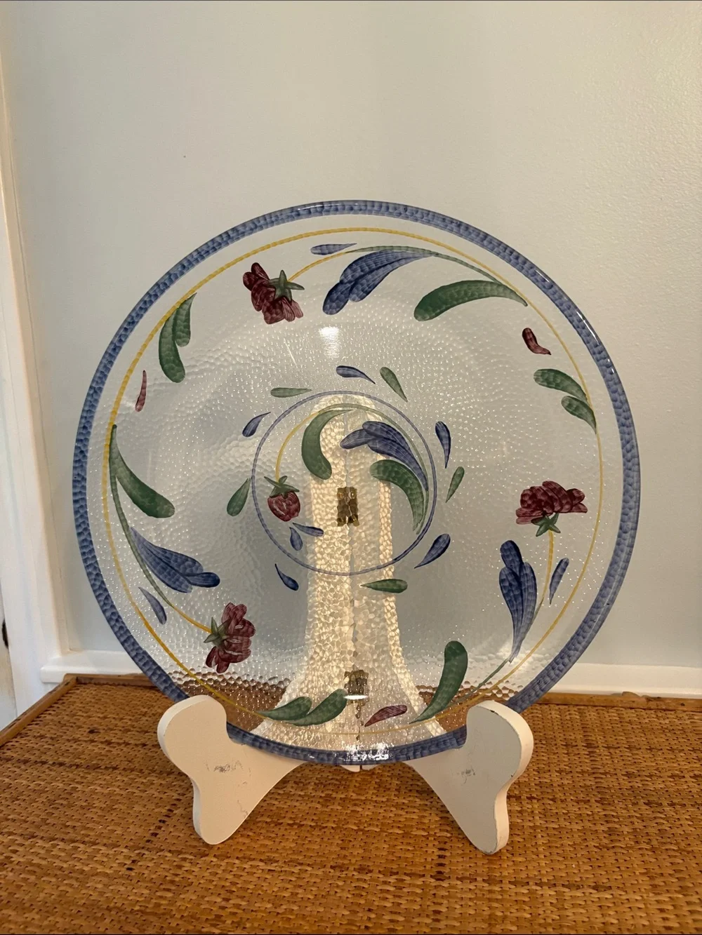 Hand-Painted Floral Glass Serving Platter with Poppies on Blue Decoration